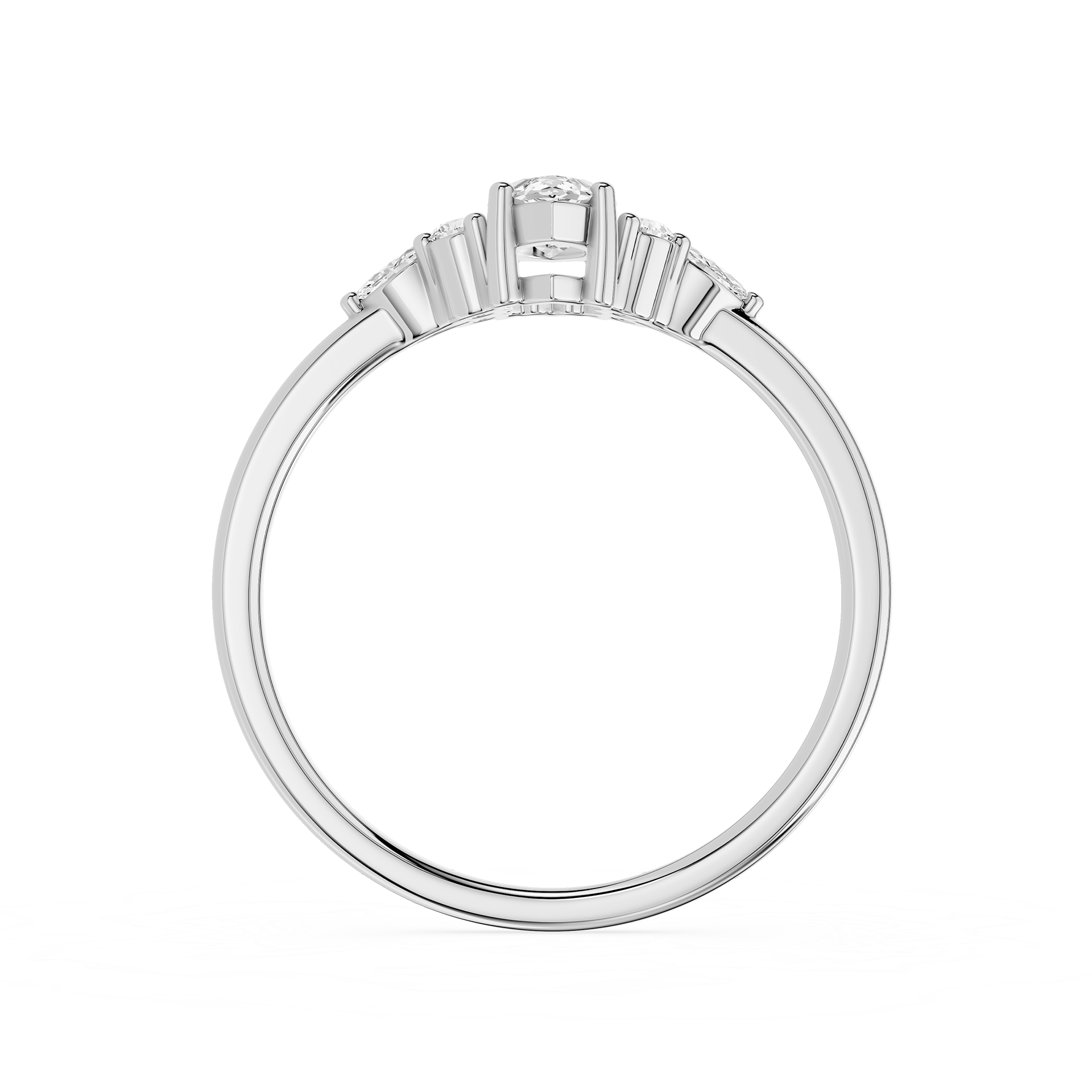 Diamond ring with three clear stones on a white background