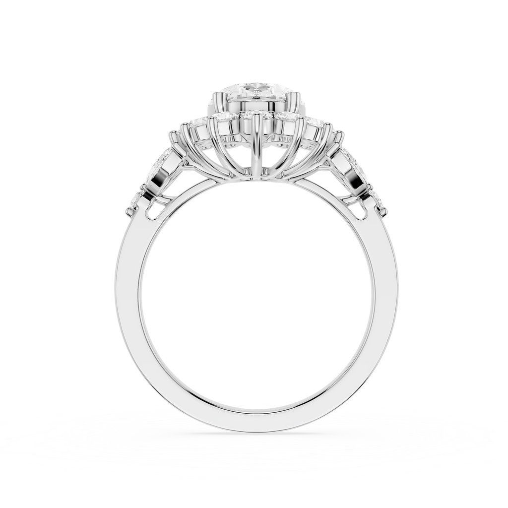 A white gold or platinum halo ring featuring a round center stone surrounded by a cluster of rectangular baguette and round side stones, shown on a plain white background.