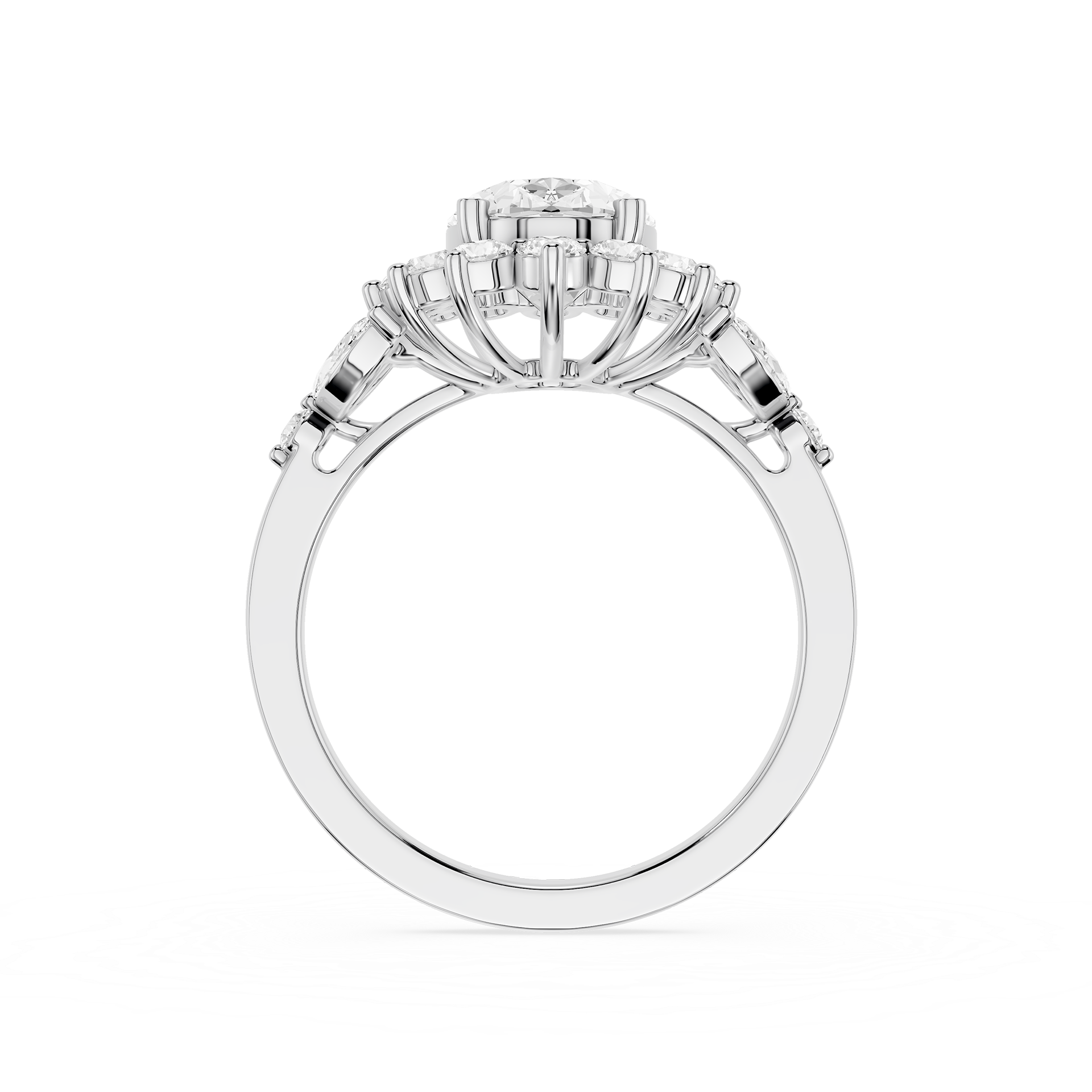 A white gold or platinum halo ring featuring a round center stone surrounded by a cluster of rectangular baguette and round side stones, shown on a plain white background.