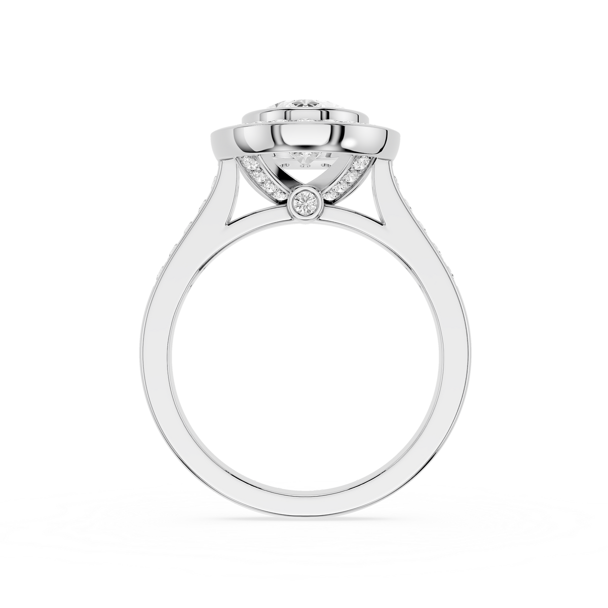 Back View Of White Gold Oval Cut Lab Grown Diamond Halo Bezel Engagement Ring