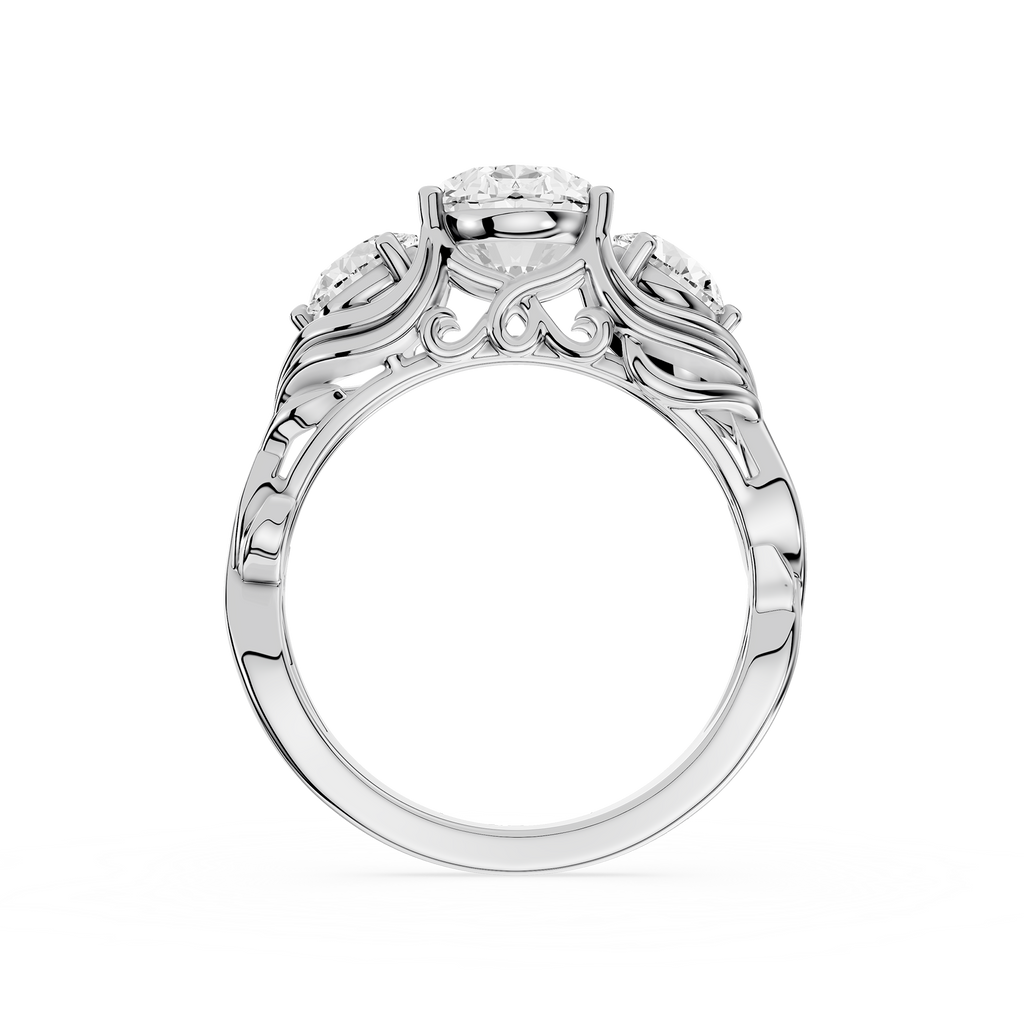 Silver ring with intricate design on a white background