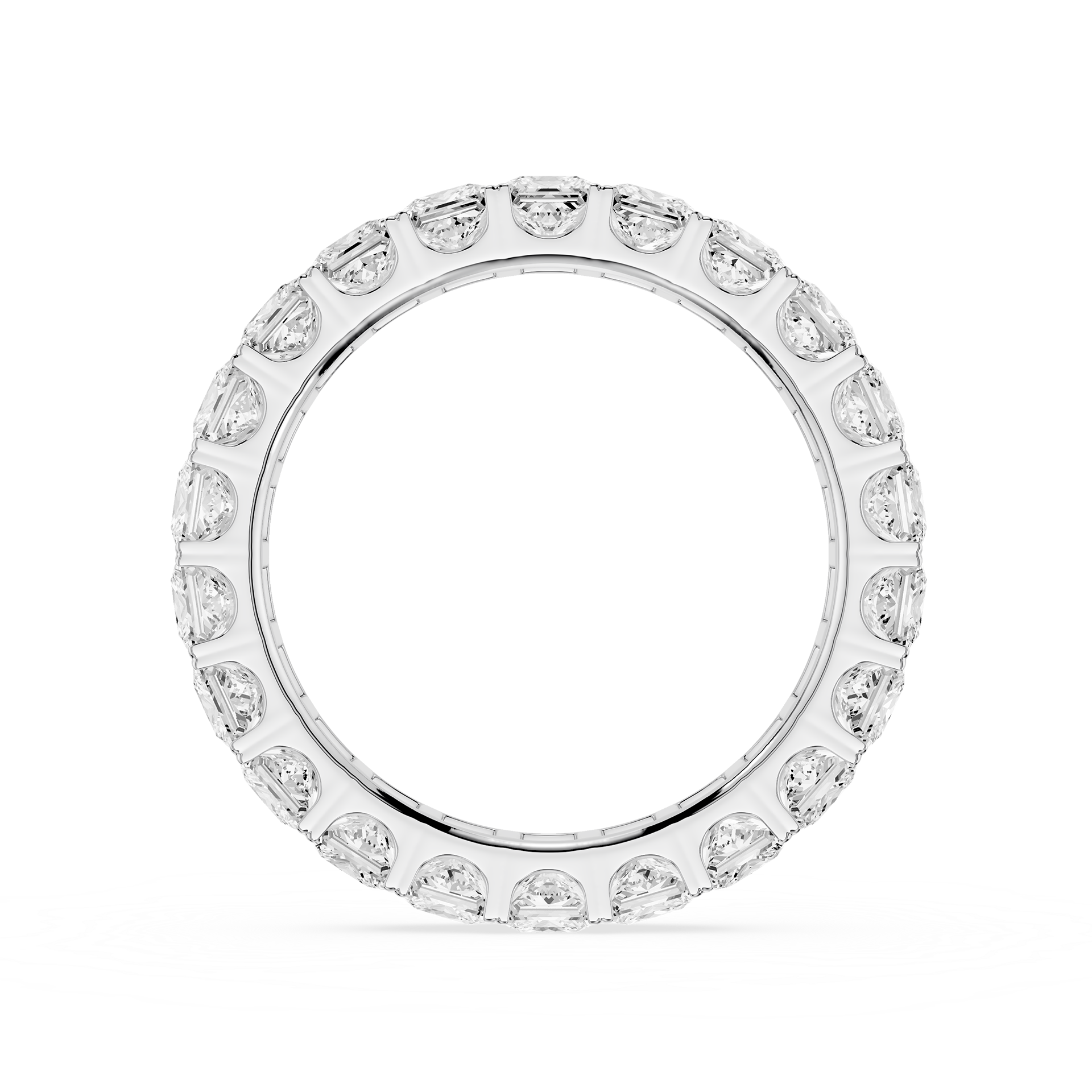 Silver ring with baguette-cut diamonds on a white background