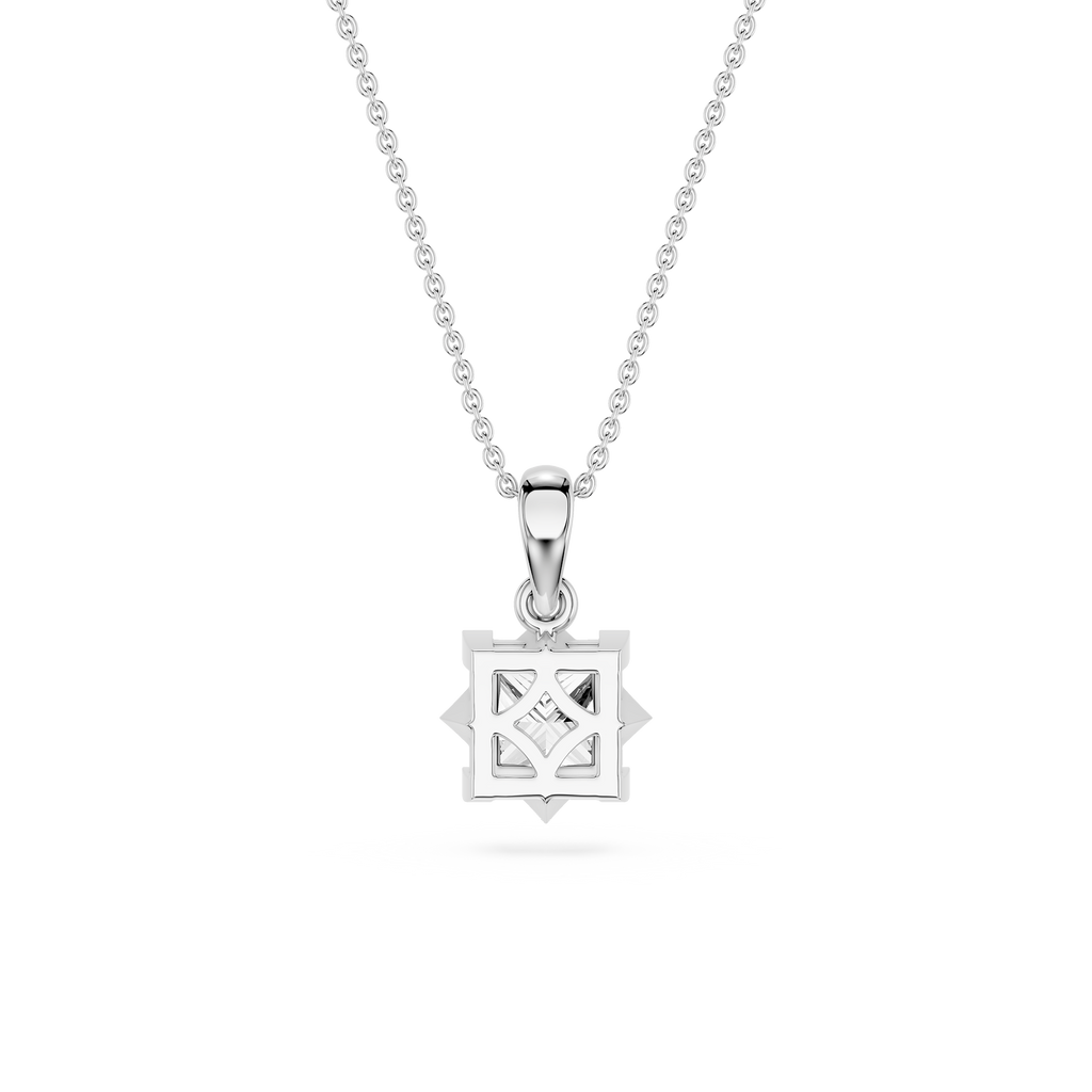 Silver necklace with a geometric pendant on a white background