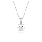 Silver necklace with a geometric pendant on a white background