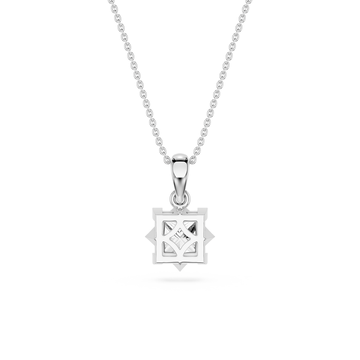 Silver necklace with a geometric pendant on a white background
