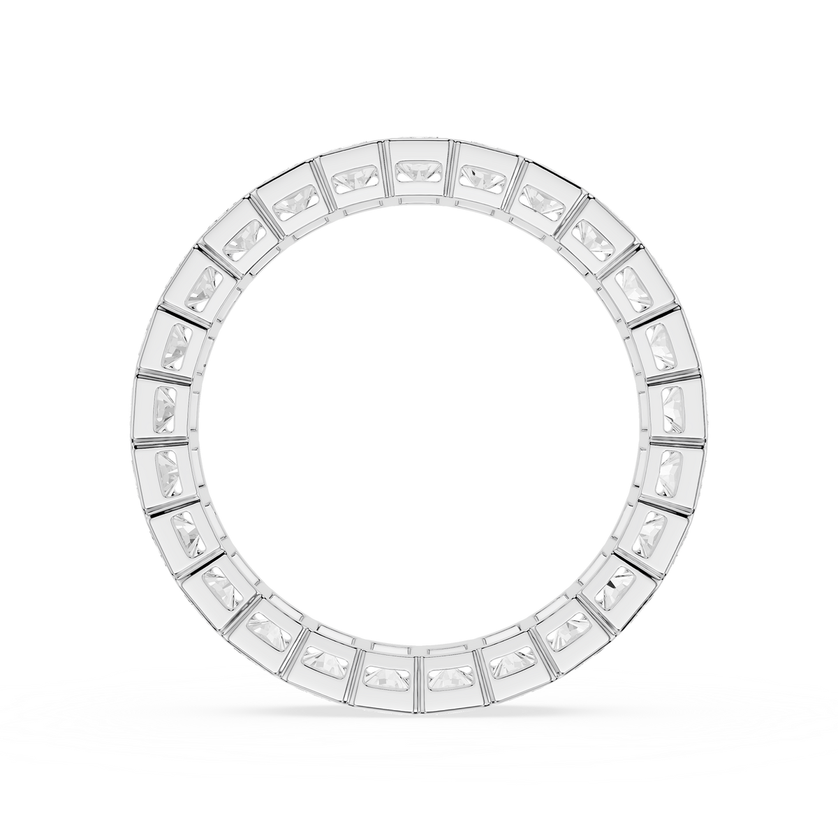 White Background in Radiant Cut Lab Diamond Shared Prong Eternity Wedding Ring