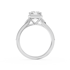 A prong set radiant lab diamond sits above a vintage white gold split shank with openwork detailing and beaded edges