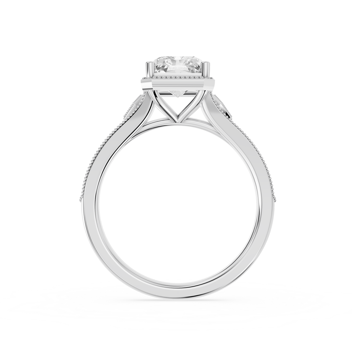 A prong set radiant lab diamond sits above a vintage white gold split shank with openwork detailing and beaded edges