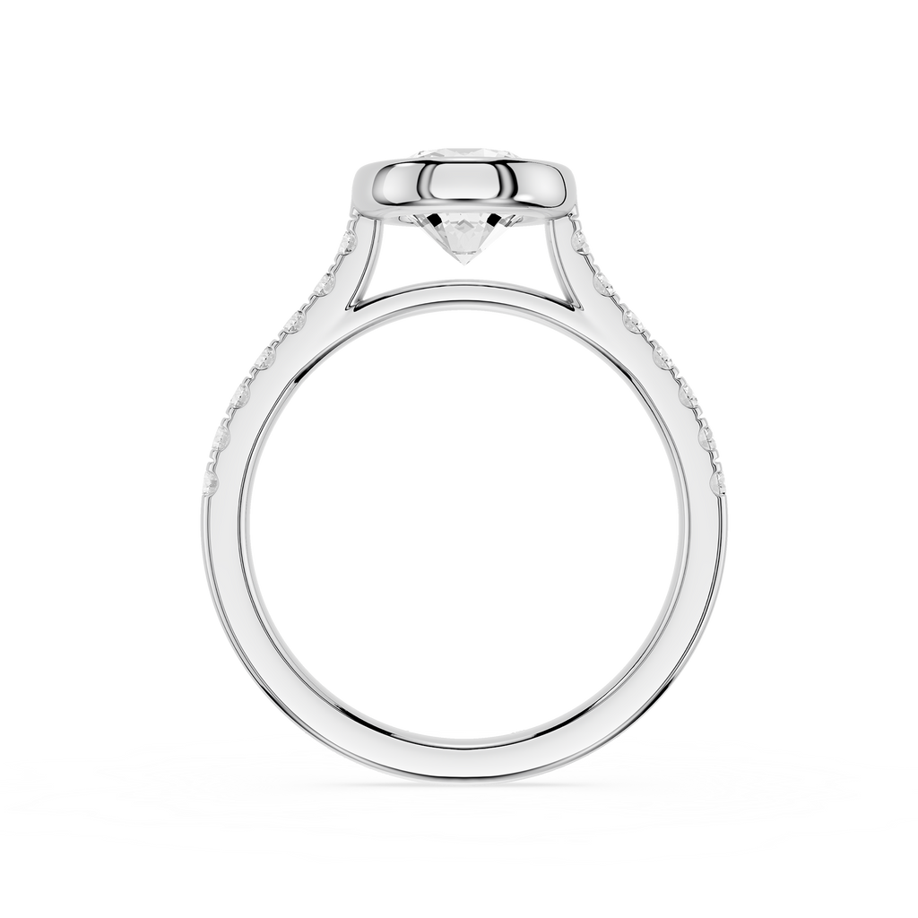 A silver-toned diamond solitaire ring setting shown from a top-down view on a clean white background.