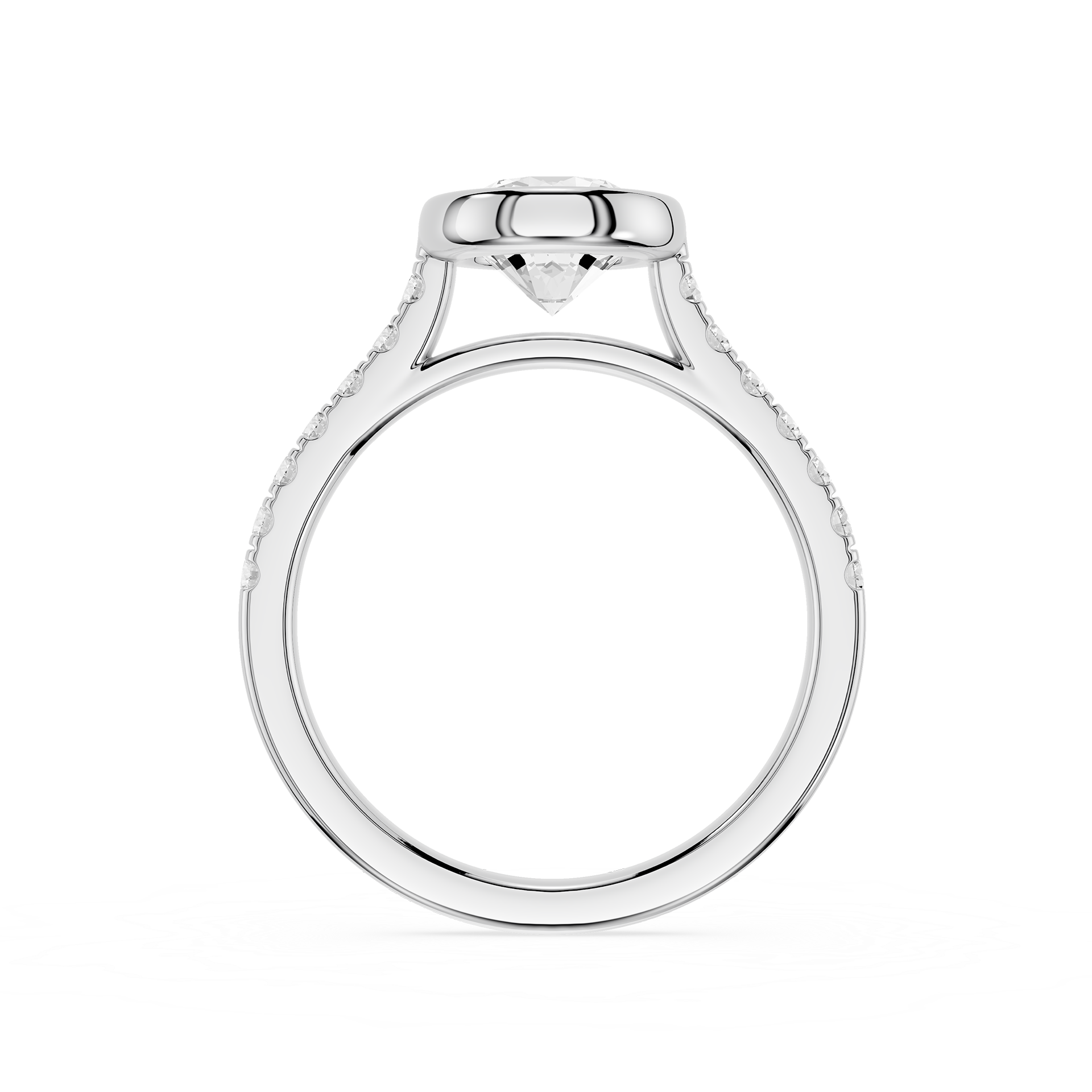 A silver-toned diamond solitaire ring setting shown from a top-down view on a clean white background.