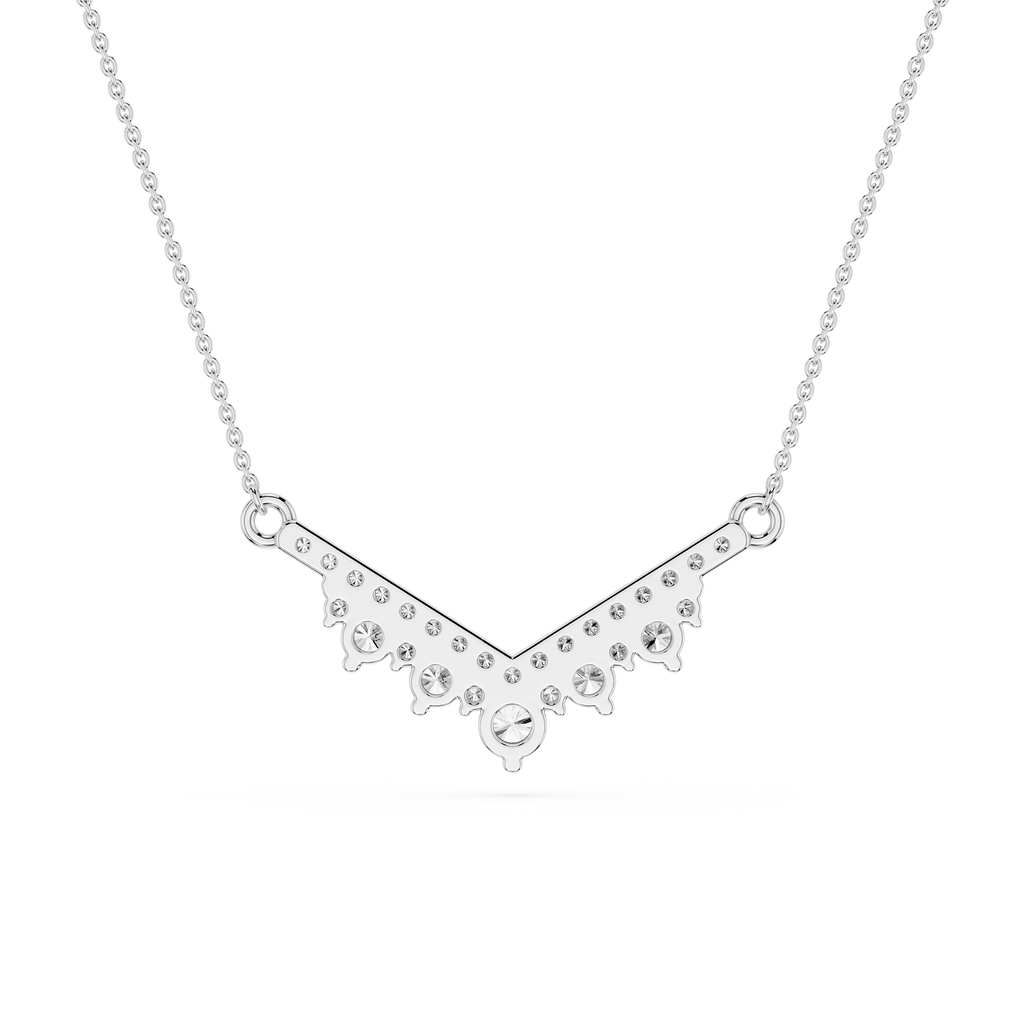 Silver necklace with a V-shaped pendant on a white background