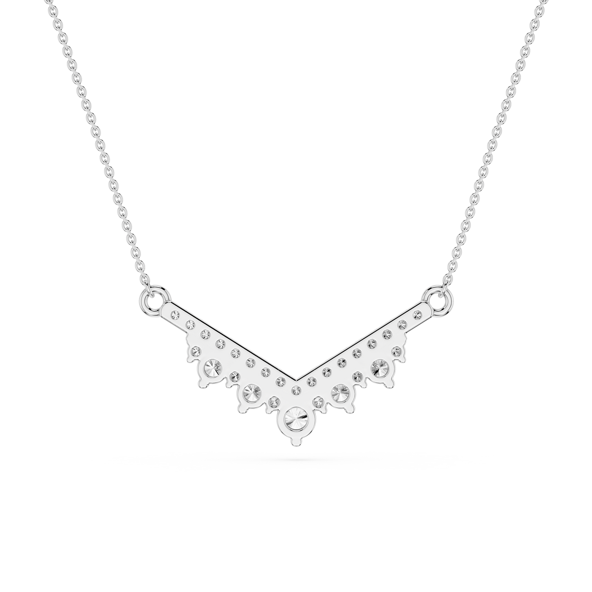 Silver necklace with a V-shaped pendant on a white background