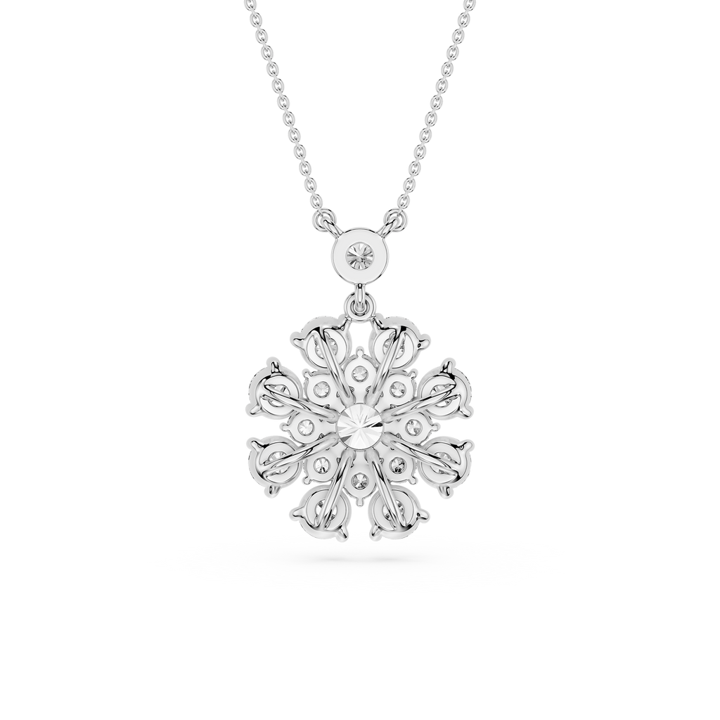 Silver snowflake pendant necklace on a white background