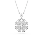 Silver snowflake pendant necklace on a white background