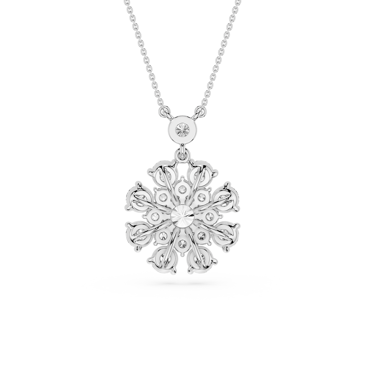 Silver snowflake pendant necklace on a white background