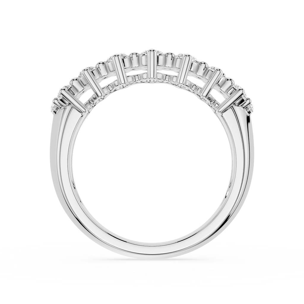 A silver half-pavé ring featuring baguette-cut diamonds set in a polished white metal band, shown against a plain white background.