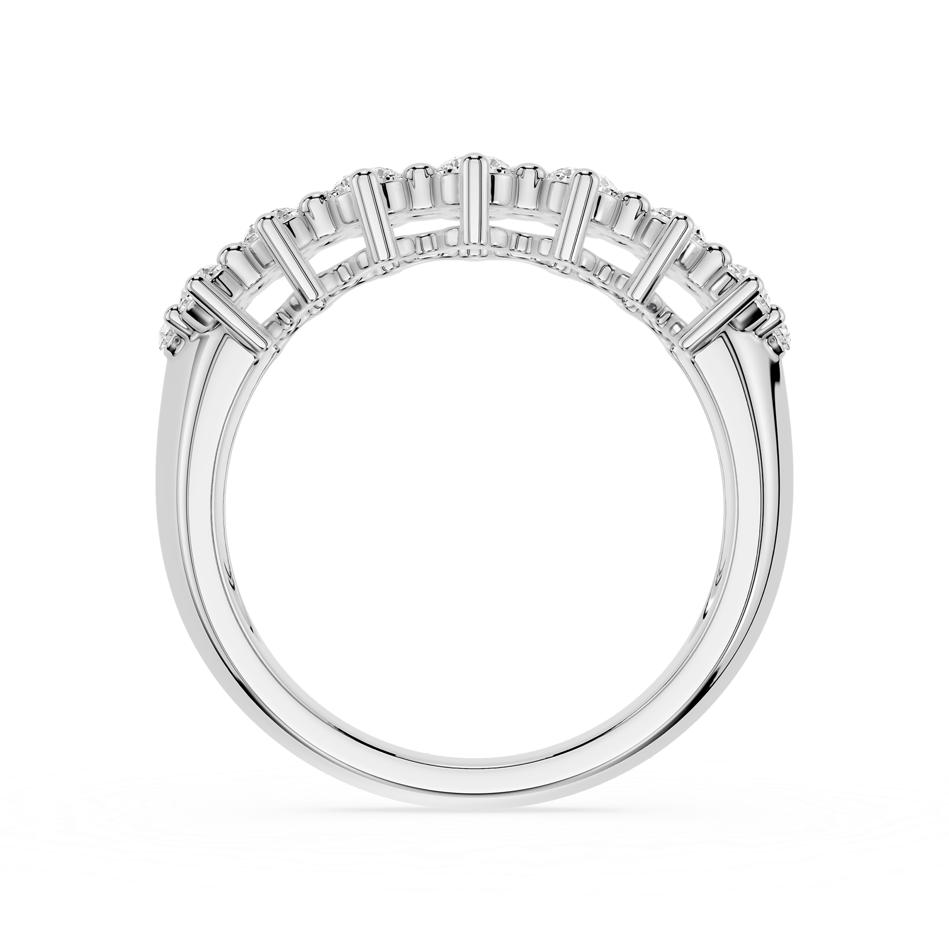 A silver half-pavé ring featuring baguette-cut diamonds set in a polished white metal band, shown against a plain white background.