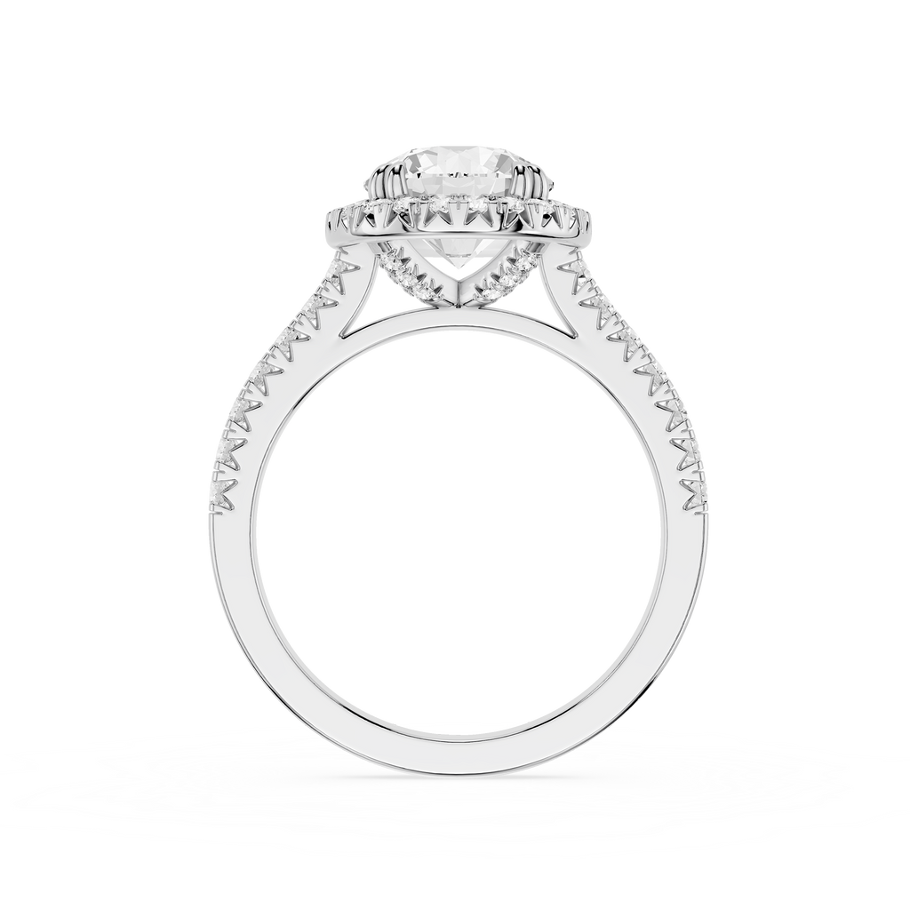 A silver-toned diamond engagement ring featuring a large round center stone in a halo setting, with a pavé band, shown on a plain white background.