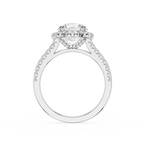 A silver-toned diamond engagement ring featuring a large round center stone in a halo setting, with a pavé band, shown on a plain white background.