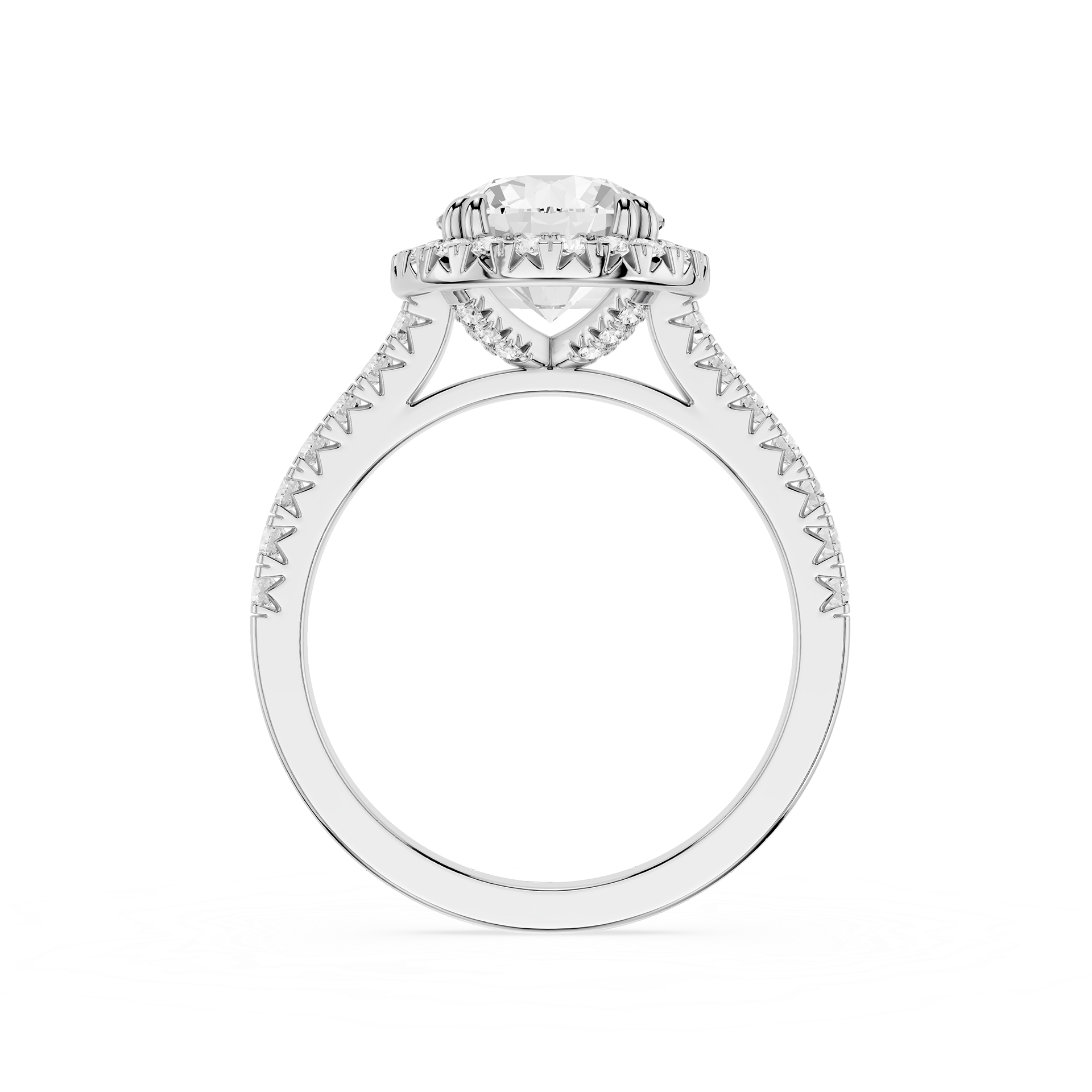 A silver-toned diamond engagement ring featuring a large round center stone in a halo setting, with a pavé band, shown on a plain white background.