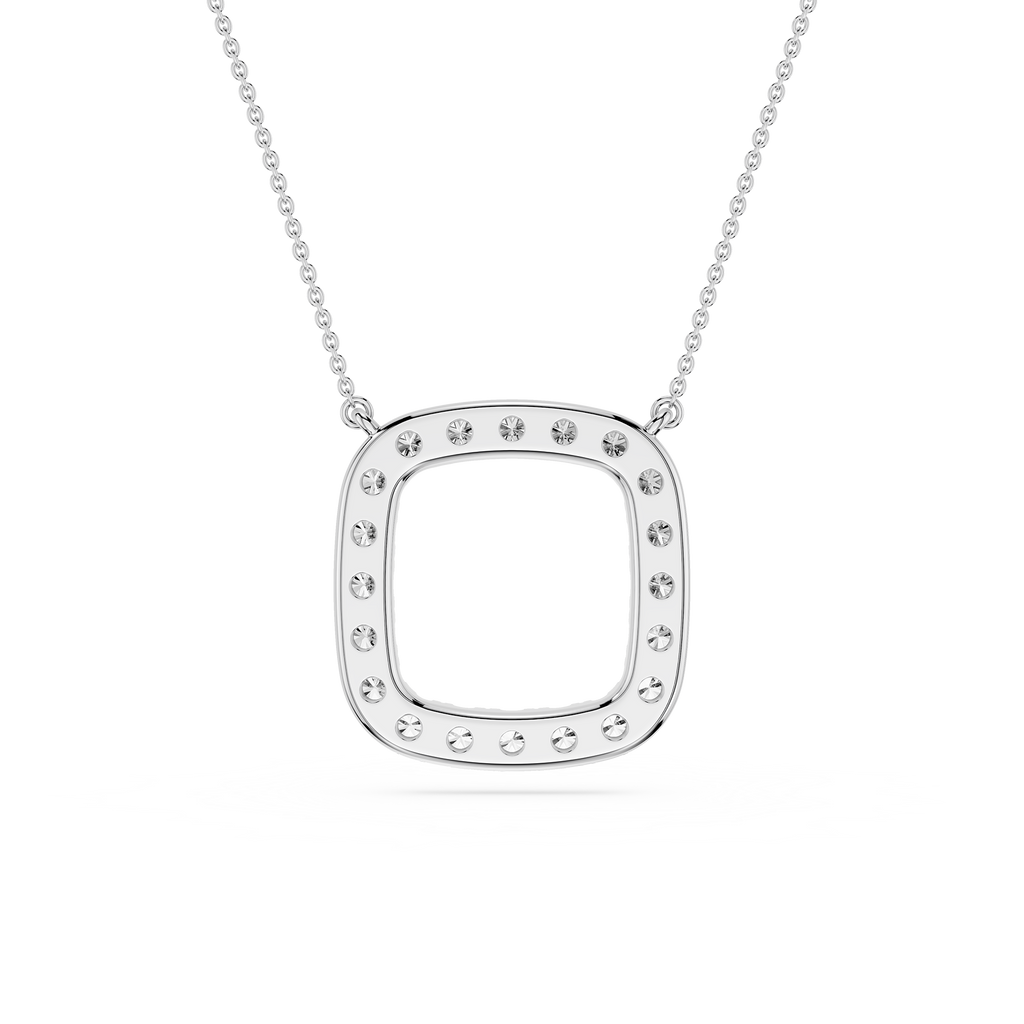Silver necklace with a square pendant on a white background