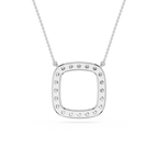 Silver necklace with a square pendant on a white background