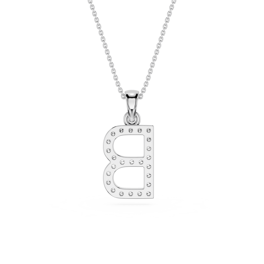 Back View Of White Gold Round Cut Lab Grown Diamond Pave Letter B Initial Pendant