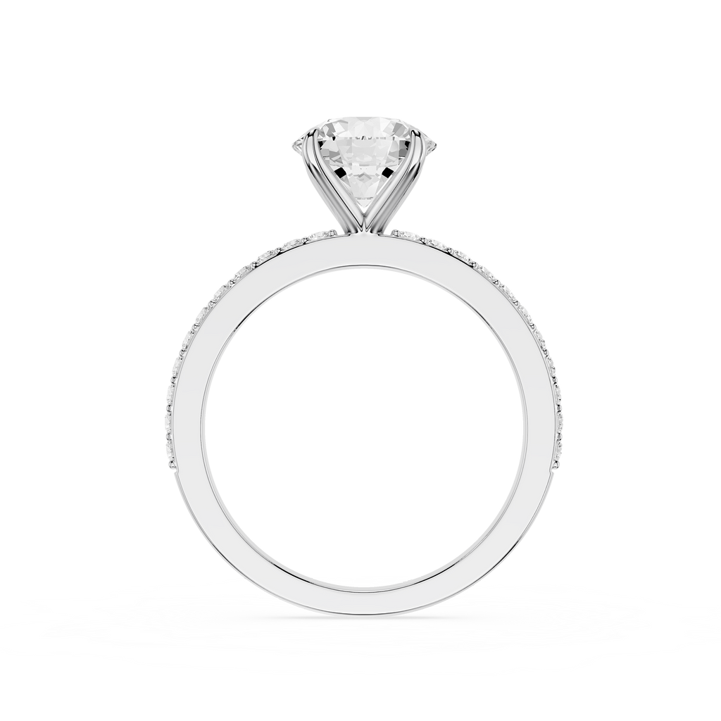 A white gold or platinum solitaire engagement ring featuring a round brilliant-cut diamond center stone, with a pavé-set diamond halo and a shank accented with small diamonds, shown on a plain white background.
