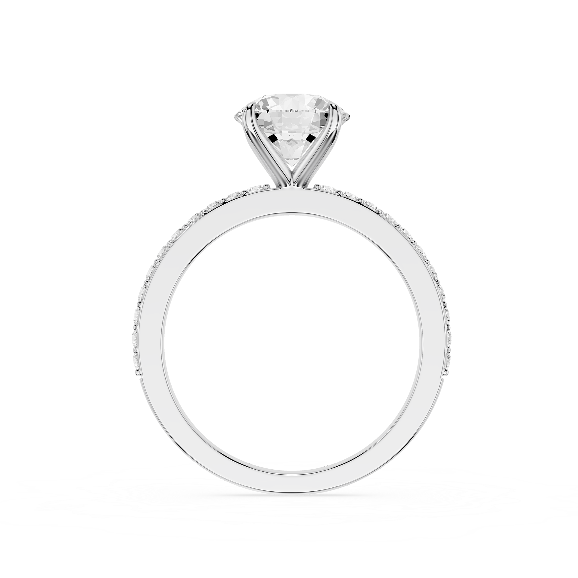 A white gold or platinum solitaire engagement ring featuring a round brilliant-cut diamond center stone, with a pavé-set diamond halo and a shank accented with small diamonds, shown on a plain white background.