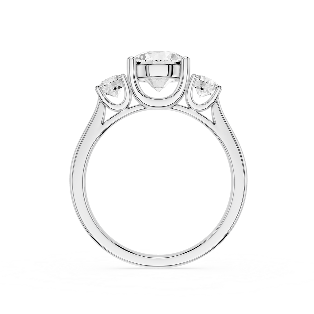 Diamond ring with three circular diamonds on a white background