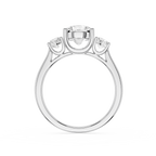 Diamond ring with three circular diamonds on a white background