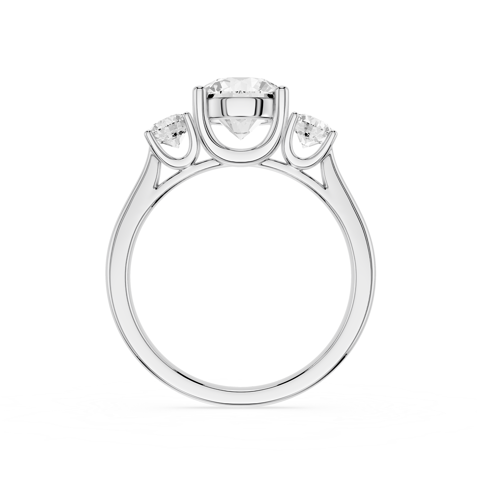 Diamond ring with three circular diamonds on a white background