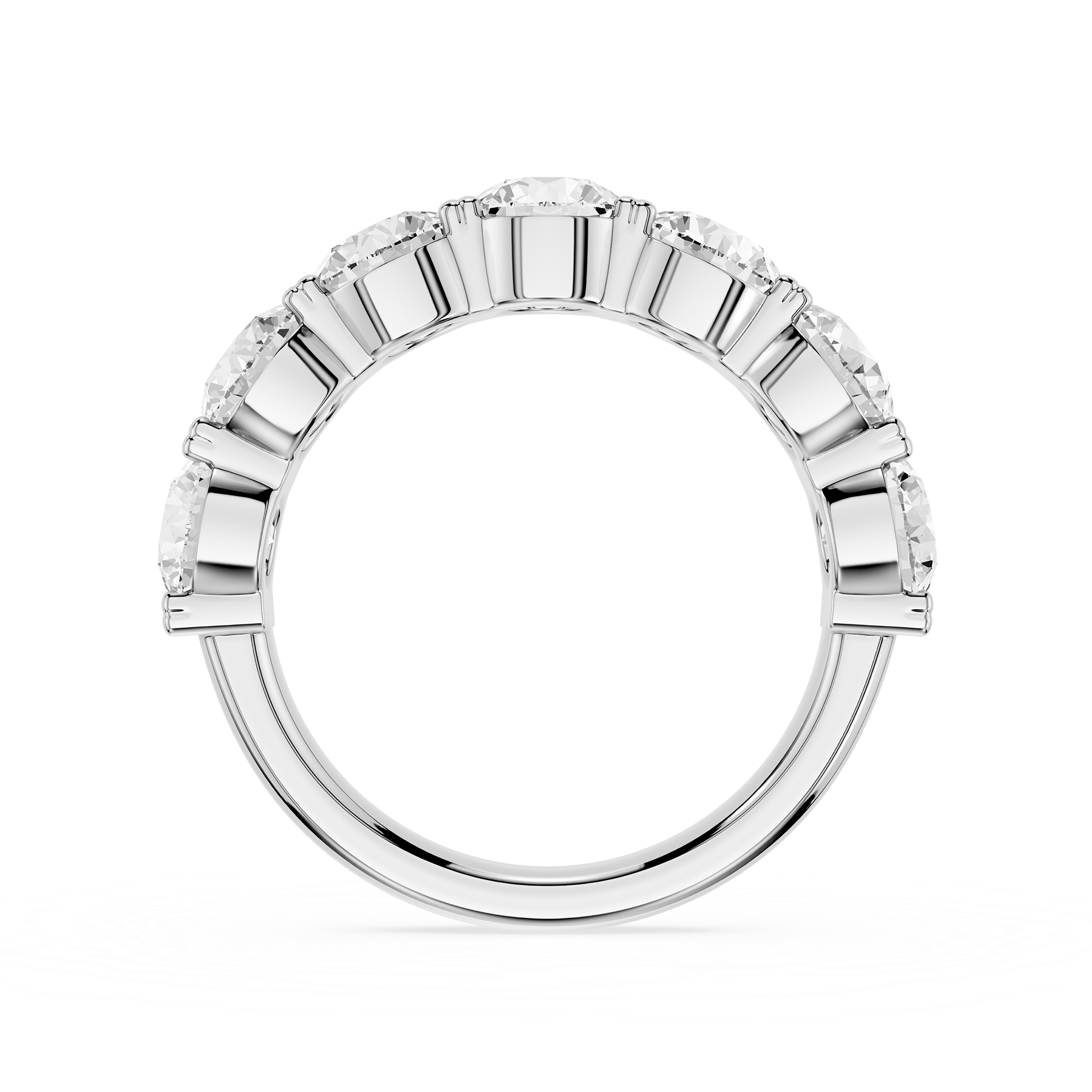 A White gold eternity ring featuring a continuous row of round brilliant-cut diamonds in a beveled setting, shown against a solid white background.