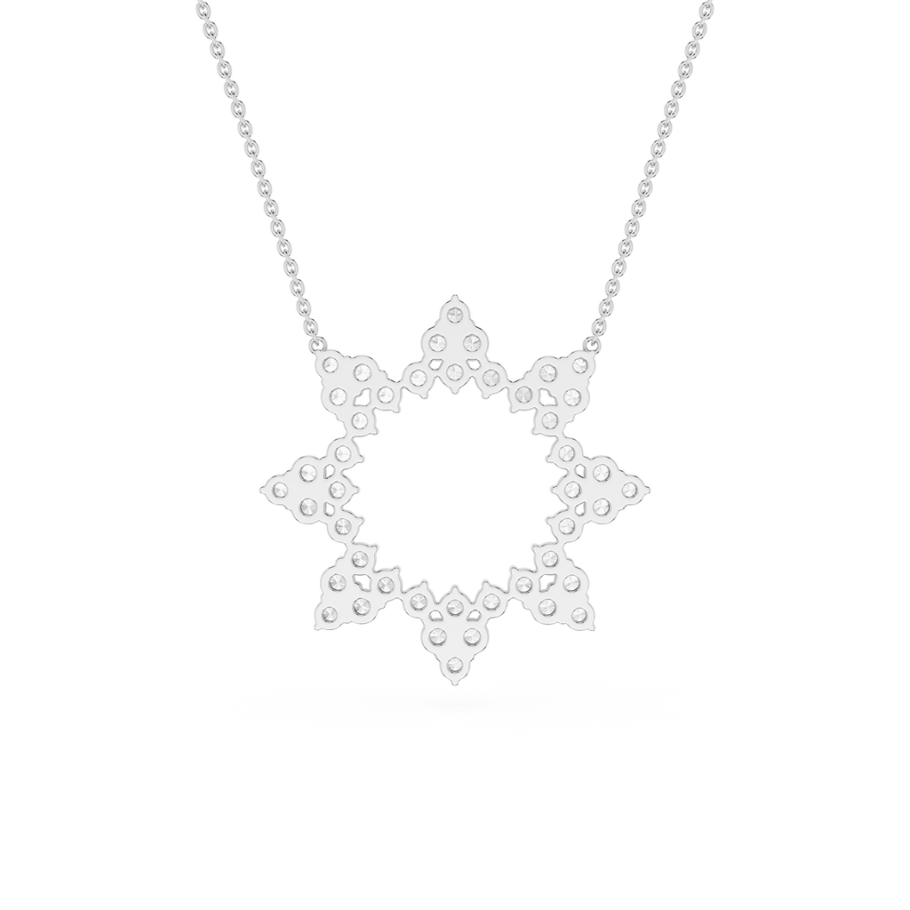 Star-shaped silver pendant on a chain against a white background