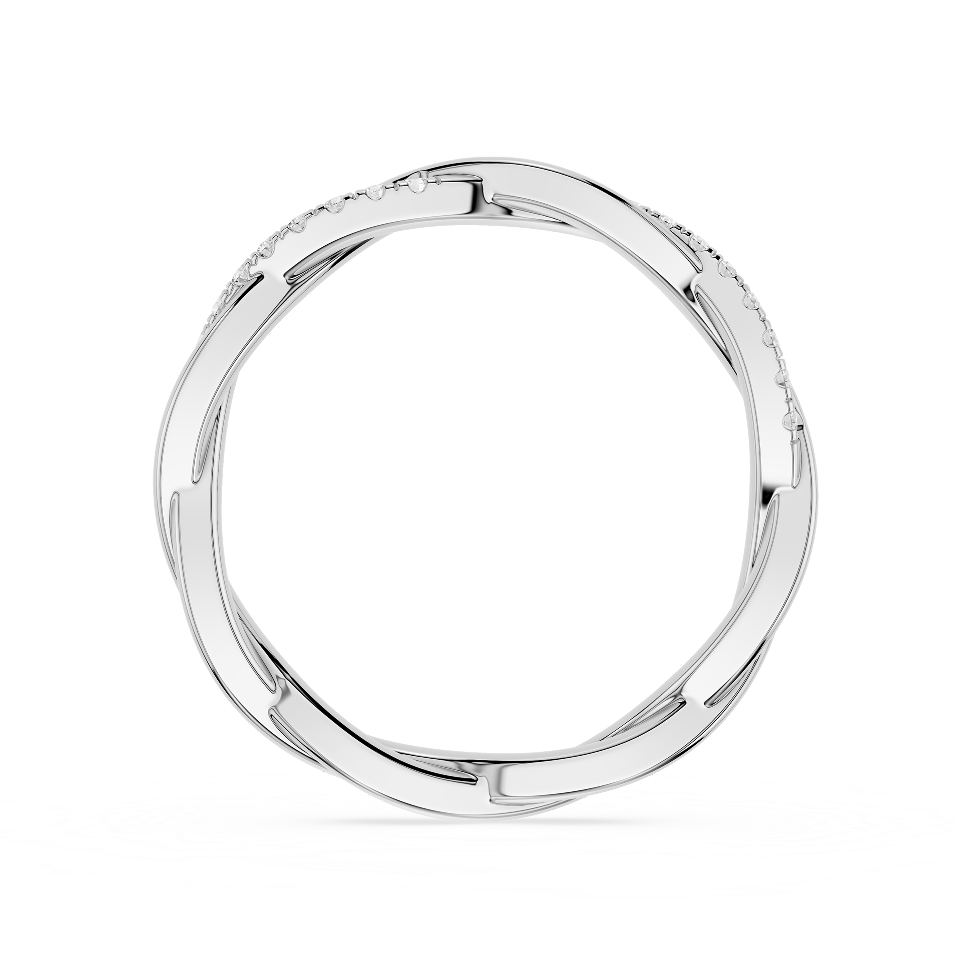 Silver ring with baguette-cut diamonds on a white background