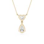 Gold necklace with a heart-shaped top and teardrop-shaped bottom pendant on a white background