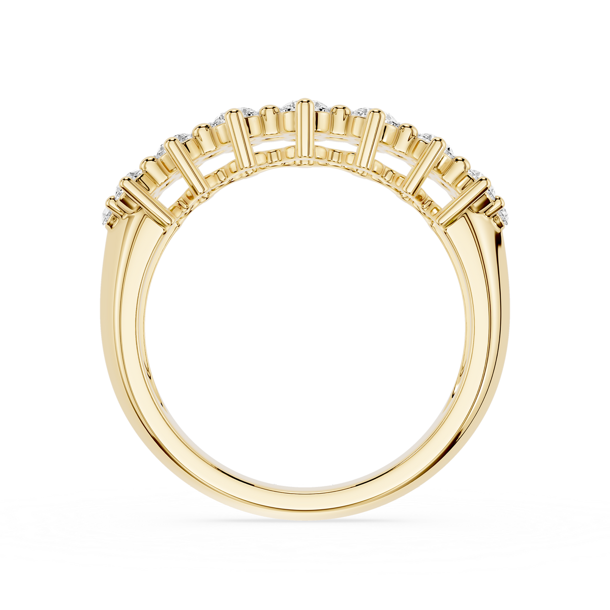 Round brilliant lab grown diamond wedding band in yellow gold featuring a crown-inspired cluster of round diamonds with an open gallery design.
