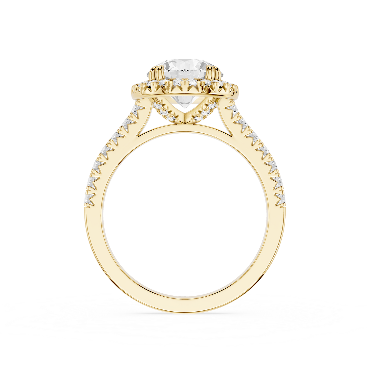 Round cut lab grown diamond engagement ring in yellow gold with a sparkling halo of round diamonds and pave-set diamonds along the shank.