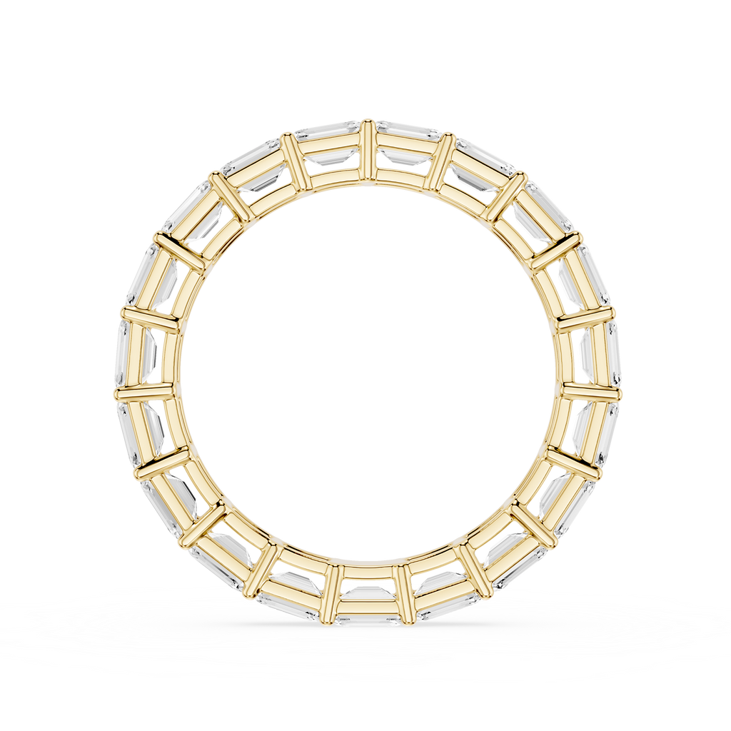 A Yellow gold eternity ring featuring a continuous line of baguette-cut clear gemstones, shown on a clean white background.