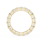 A Yellow gold eternity ring featuring a continuous line of baguette-cut clear gemstones, shown on a clean white background.