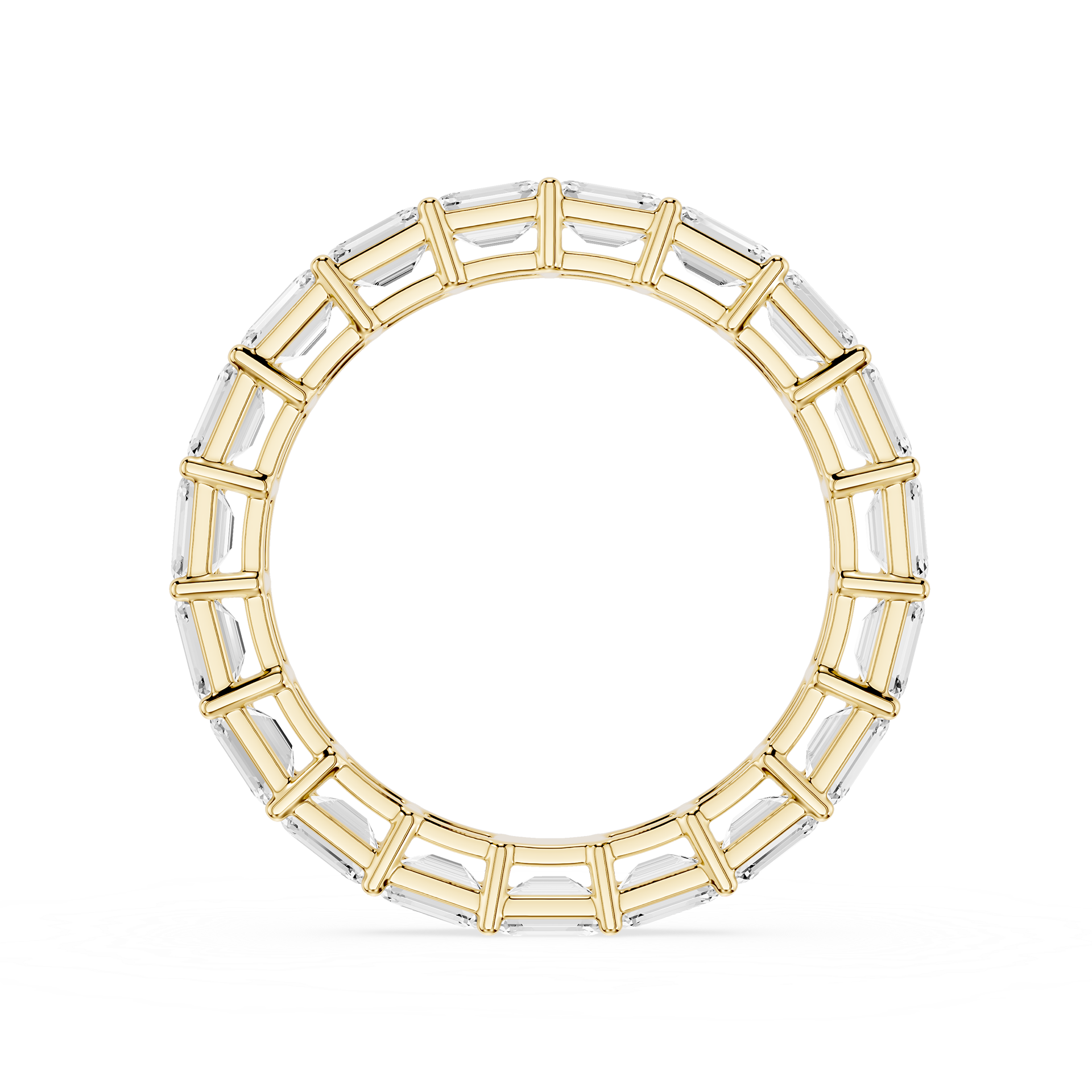 A Yellow gold eternity ring featuring a continuous line of baguette-cut clear gemstones, shown on a clean white background.