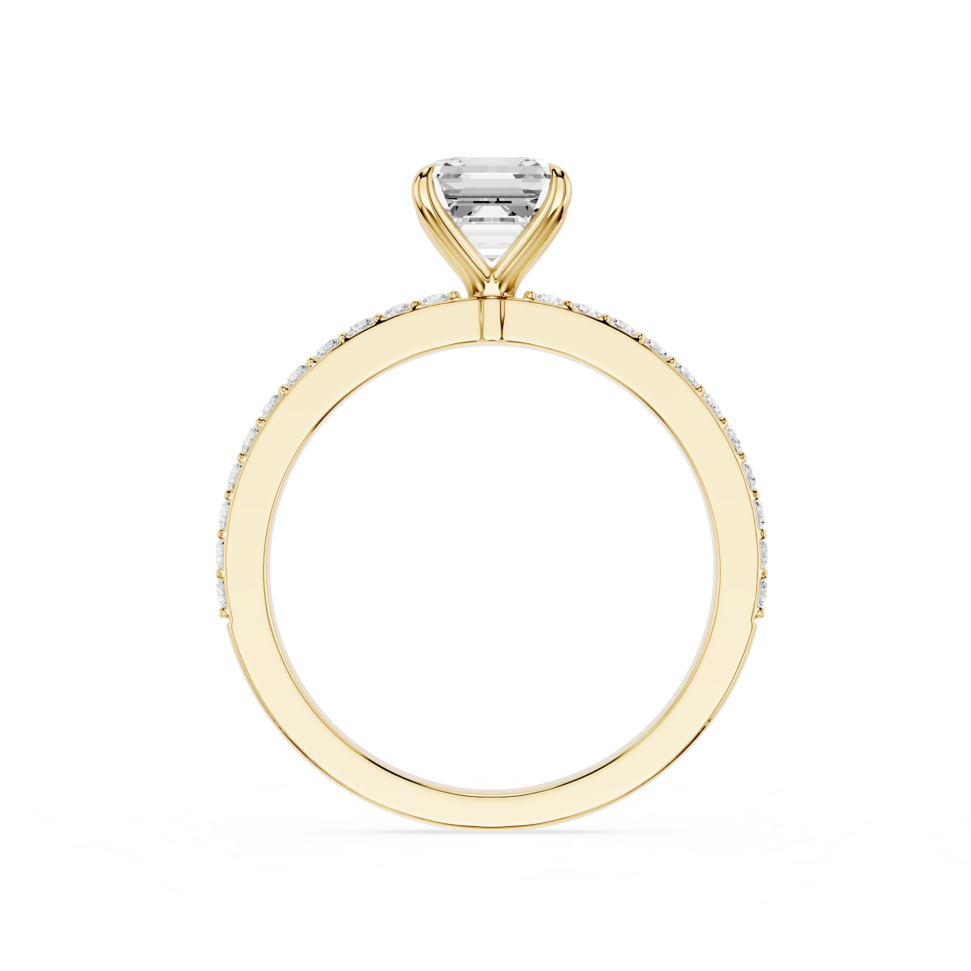A yellow gold ring featuring a single rectangular clear gemstone in a prong setting, with a pavé band of small round diamonds, shown on a plain white background.