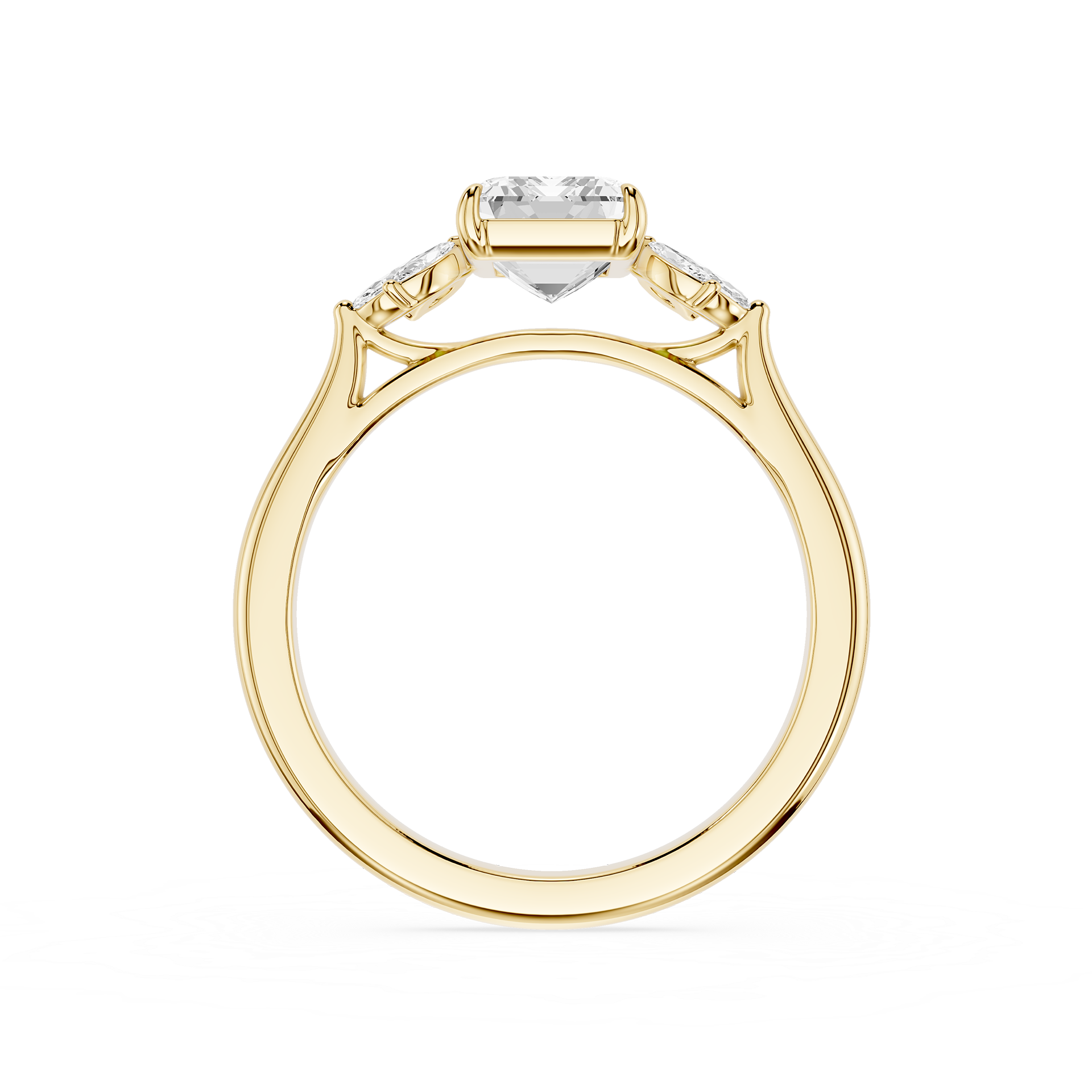 A yellow gold ring with a marquise-cut center stone and smaller side stones, shown from a top-down view on a white background.