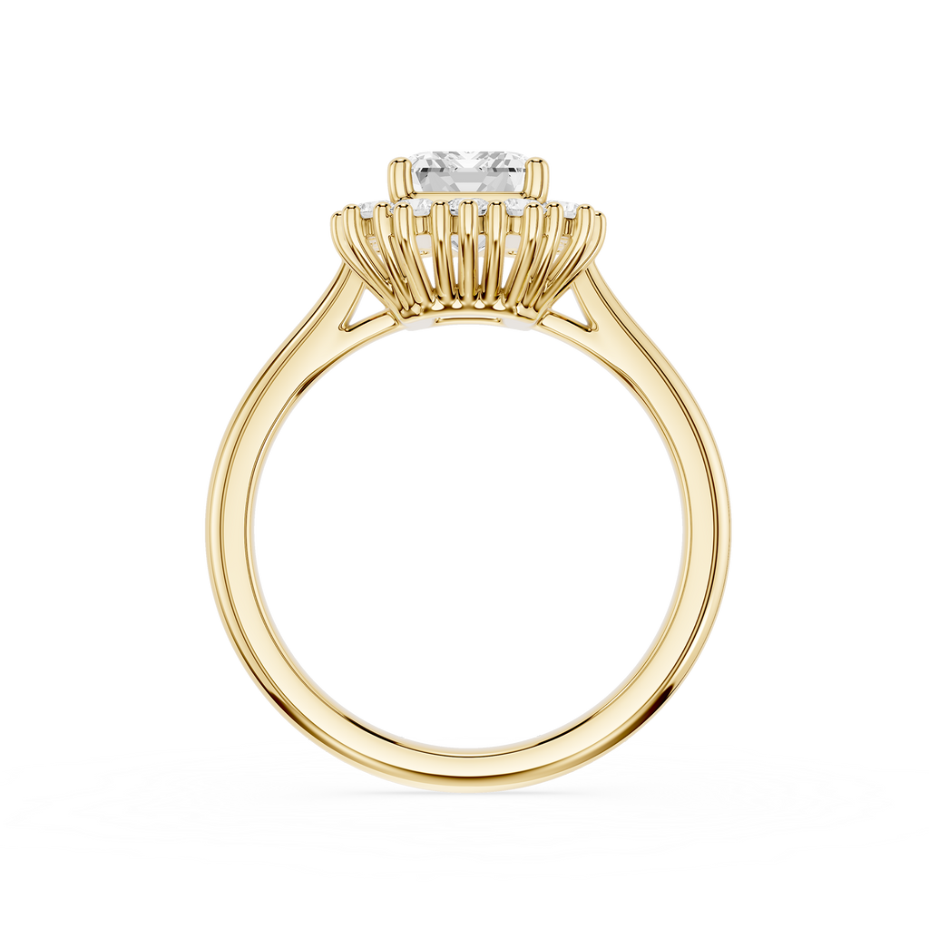 A rose gold ring with a unique prong setting holding a clear round gemstone, shown on a solid white background.