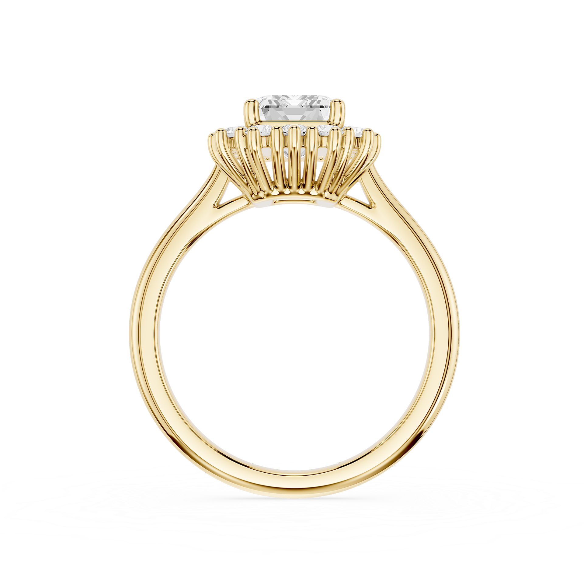 A rose gold ring with a unique prong setting holding a clear round gemstone, shown on a solid white background.