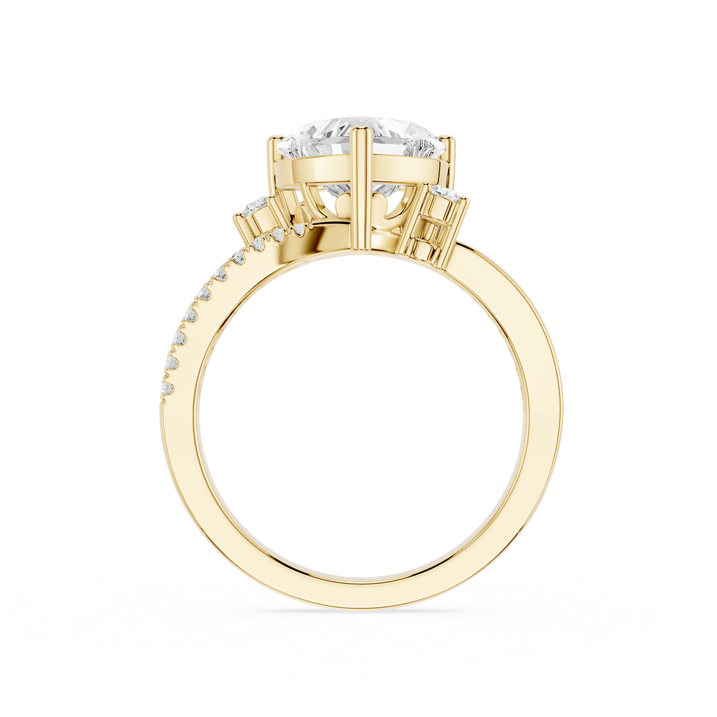A yellow gold ring with a large round-cut center stone and smaller stones along the band, shown on a plain white background.