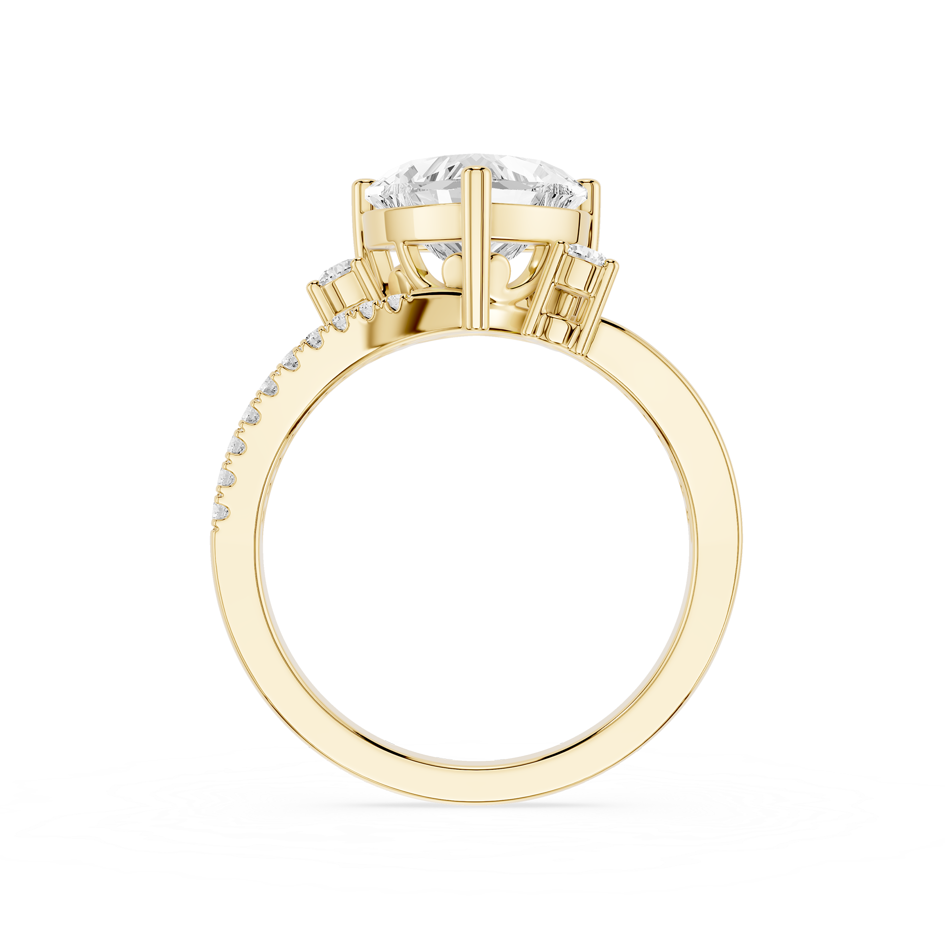 A yellow gold ring with a large round-cut center stone and smaller stones along the band, shown on a plain white background.