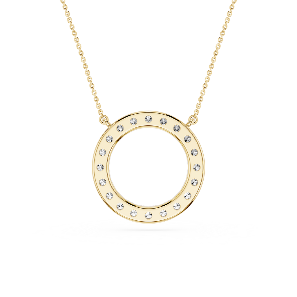Gold necklace with a circular pendant on a white background