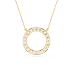 Gold necklace with a circular pendant on a white background