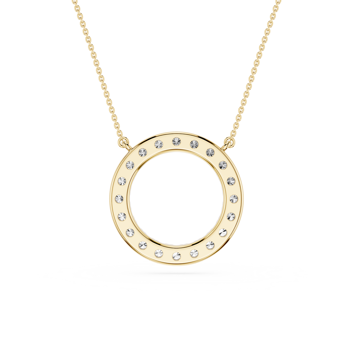 Gold necklace with a circular pendant on a white background